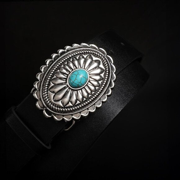 Women Western Leather Vintage Country Belt Concho Belt Black With Silver Buckle